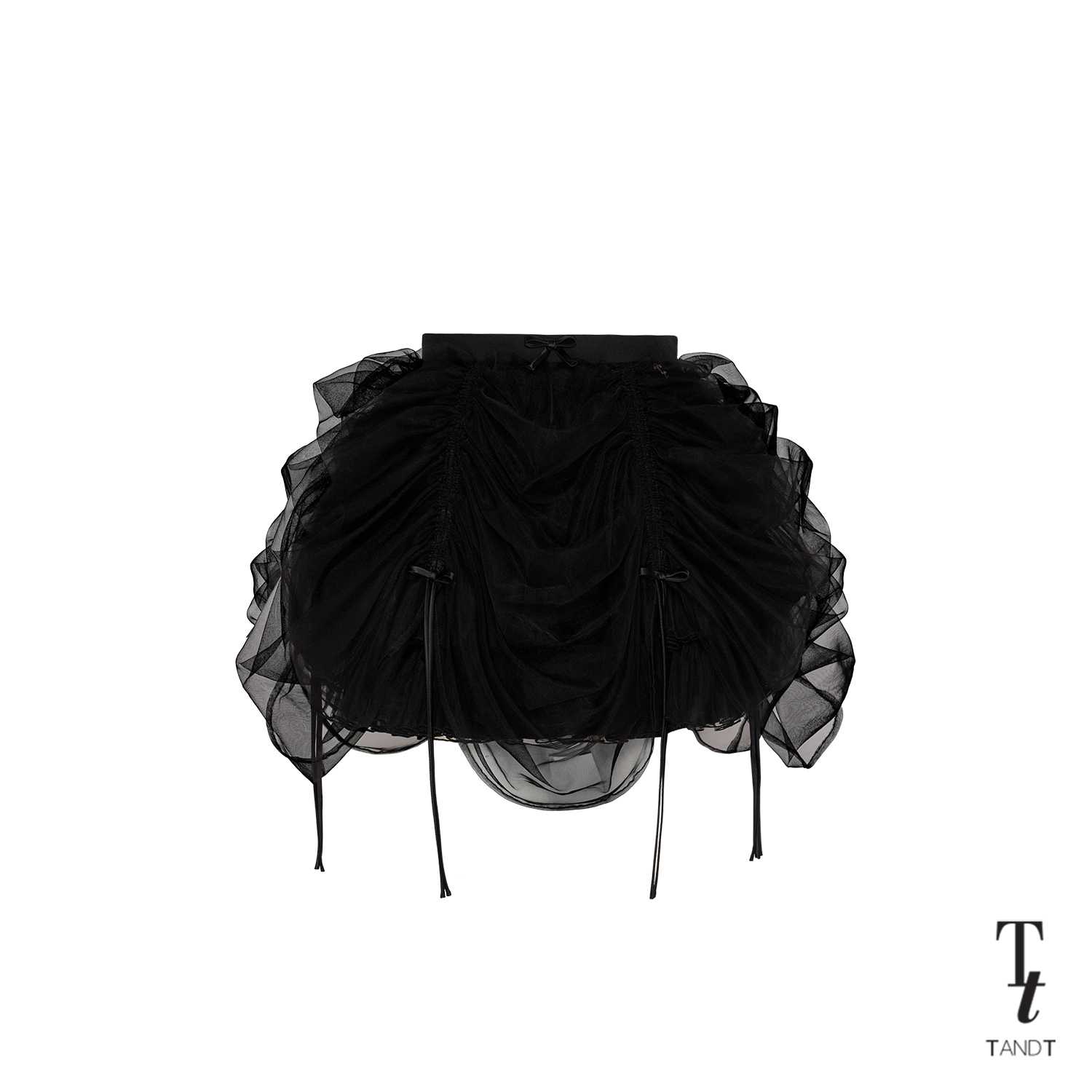 TandT - LUNA SKIRT - BOW RIBBON TRIMMED RUCHED TULLE MINI SKIRT