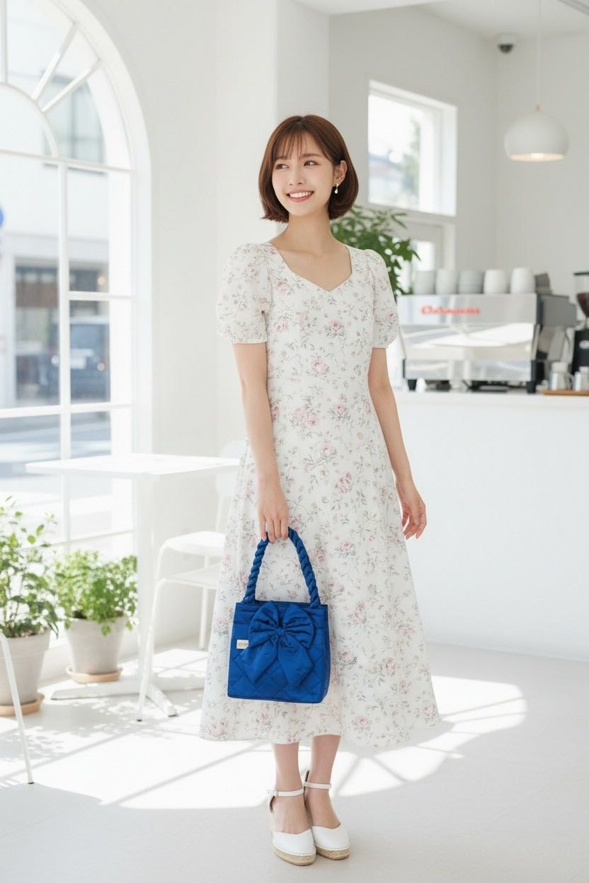 กระเป๋าถือผ้าซาติน สีน้ำเงิน แต่งโบว์สายเกียว แบรนด์ Fabrica