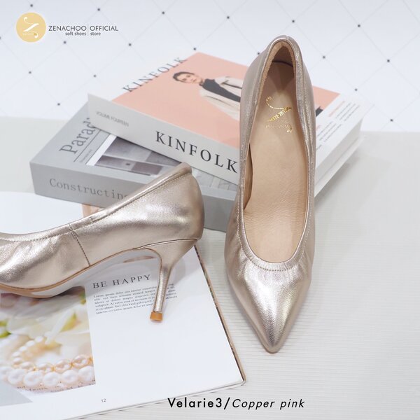 ทรงปกติ:เปลี่ยนไซส์ได้-ไม่รับคืน::Zenachoo Velarie3 สูง 3 นิ้ว Copper Pink รองเท้าหนังแกะแท้ ใส่ส...