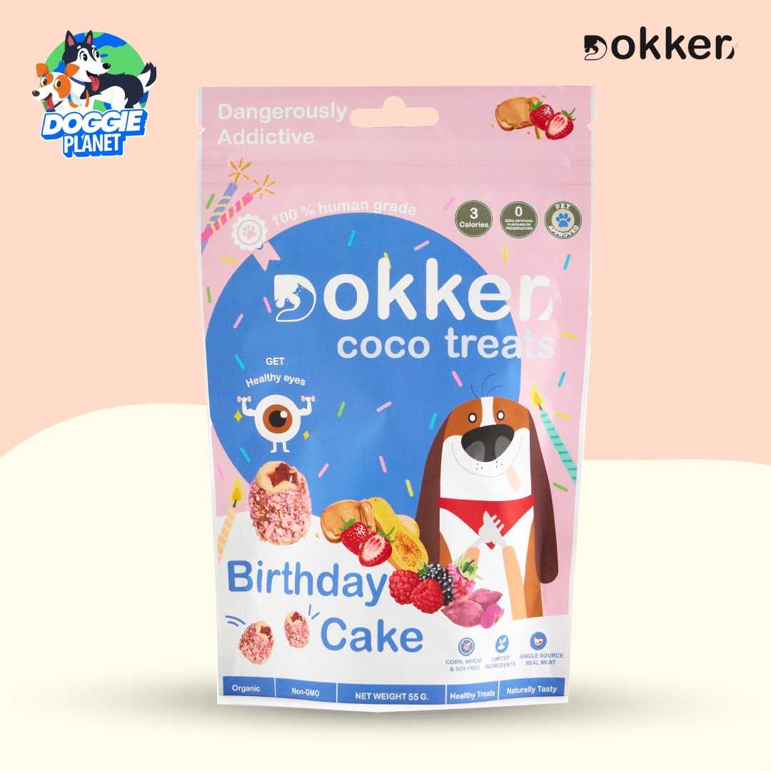 Dokker Coco Treats Birthday Cake มินิคัพเค้กสี่เหลี่ยม รสมิกซ์เบอร์รี่และพีนัตบัตเตอร์ (วีแกน) 55 ก.