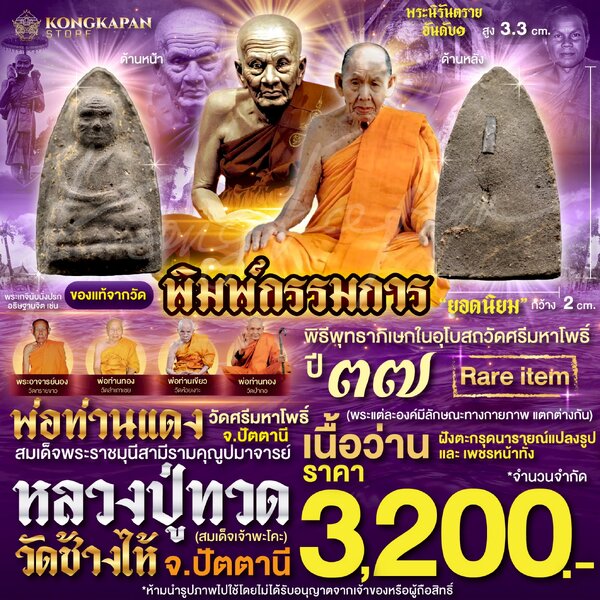 หลวงปู่ทวด เนื้อว่านพิมพ์กรรมการ ฝังตะกรุดนารายณ์แปลงรูป และเพชรหน้าทั่ง ปี 37 หลวงปู่แดง วัดศรีม...