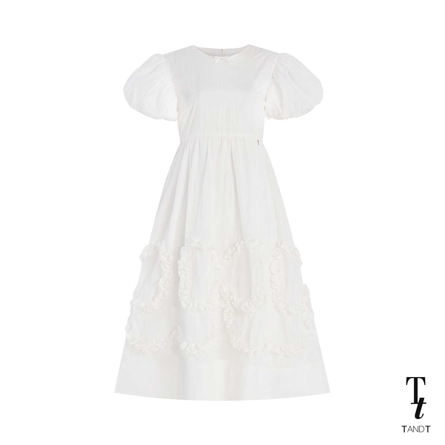 TandT - LILITH DRESS - BOW-SHAPED RUFFLE PUFF SLEEVE MIDI DRESS