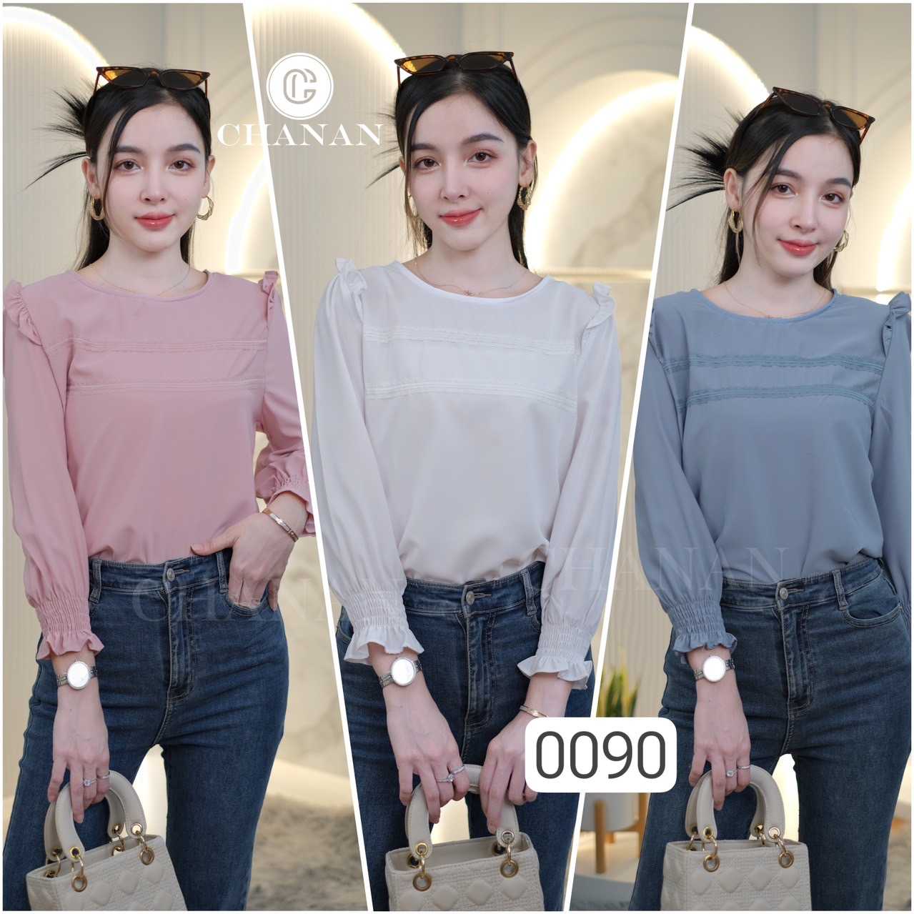 0090 เสื้อคอกลม ดีเทลเสื้อน่ารักมาก ผ้านุ่ม ใส่สบาย มี3สี