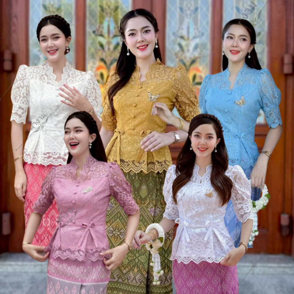 เสื้อลูกไม้ คอวี แขนสั้น ชายระบาย พรางหุ่น แต่งโบว์น่ารักๆ 2 ข้าง มีอก32-44 ใส่ไปงานบวชงานบุญ สวยมาก