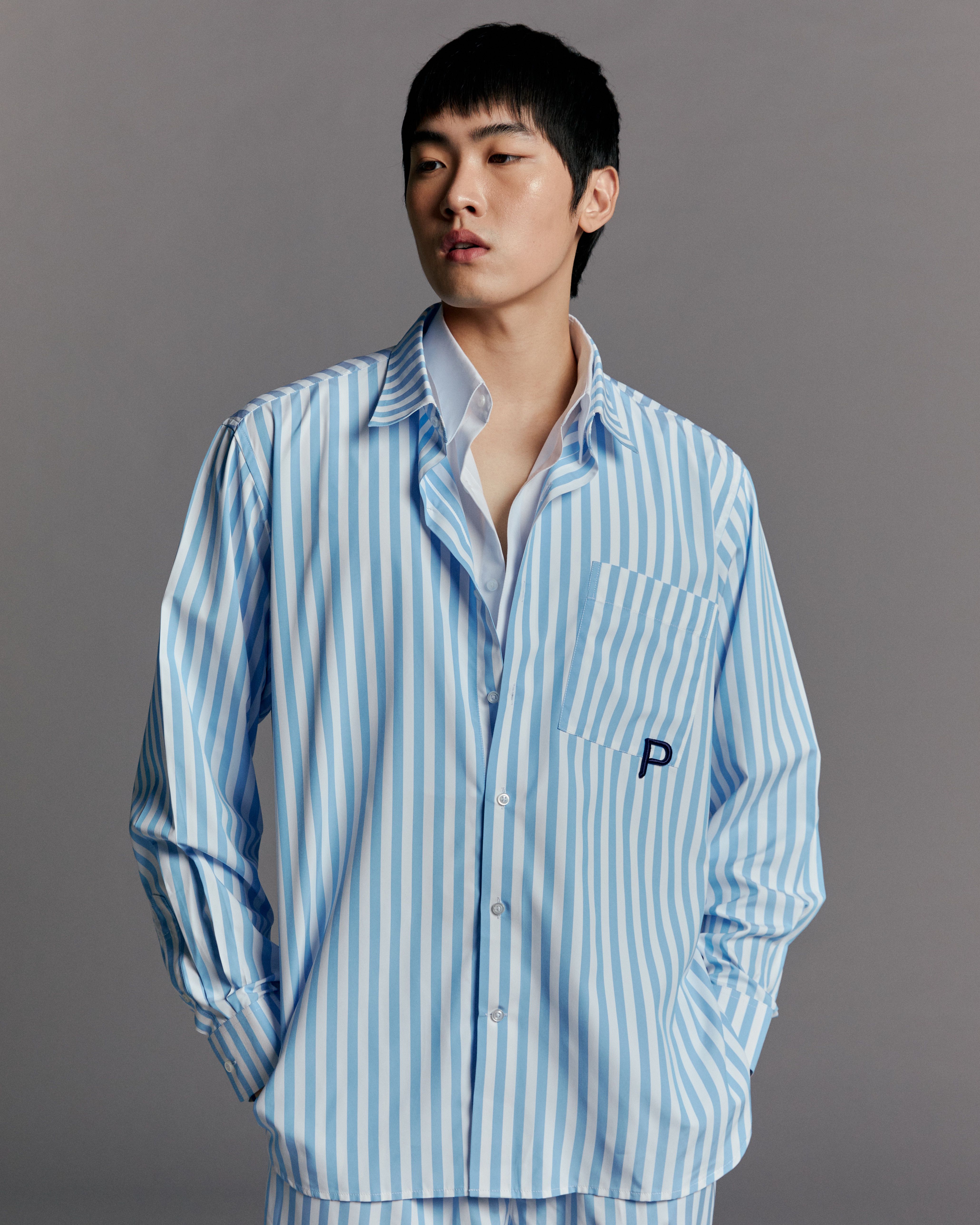 Double Layered Blue Stripe P Oversized Shirt