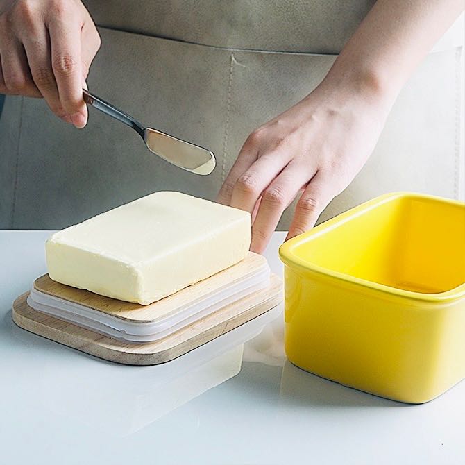 🧀 YELLOW 𝐁𝐮𝐭𝐭𝐞𝐫 𝐁𝐨𝐱 🥞 🧈กล่องเซรามิคเก็บเนย ฝาไม้ 