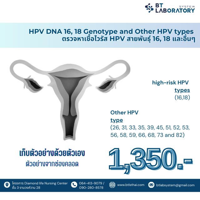 HPV DNA 16, 18 Genotype and Other HPV types   ตรวจหาเชื้อไวรัส HPV สายพันธุ์ 16, 18 และอื่นๆ