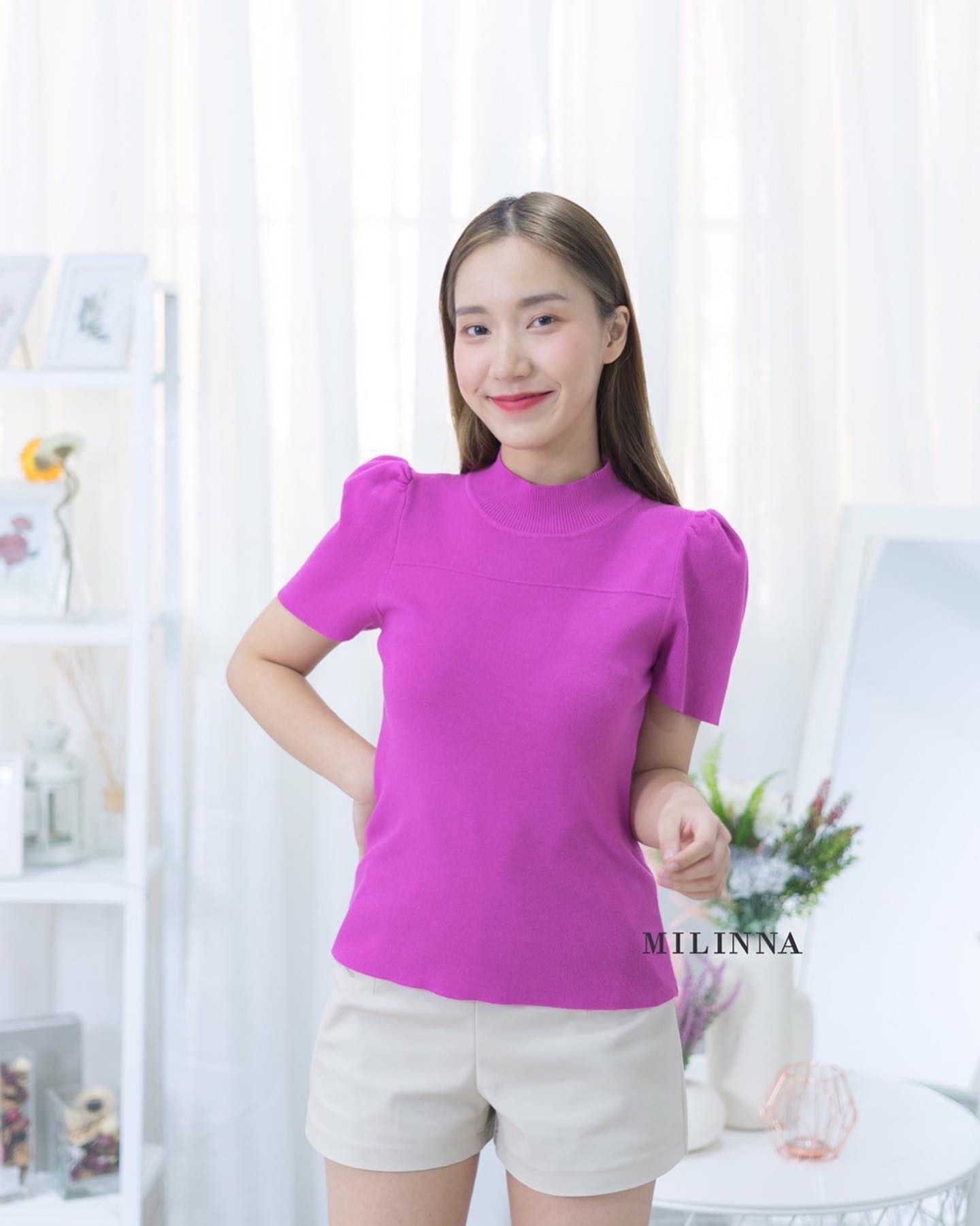 เสื้อไหมพรม แขนจีบ สีชมพู ฉลุหน้า ไหมพรมผ้านิ่ม ใส่สบายเนื้อผ้ายืดหยุ่น