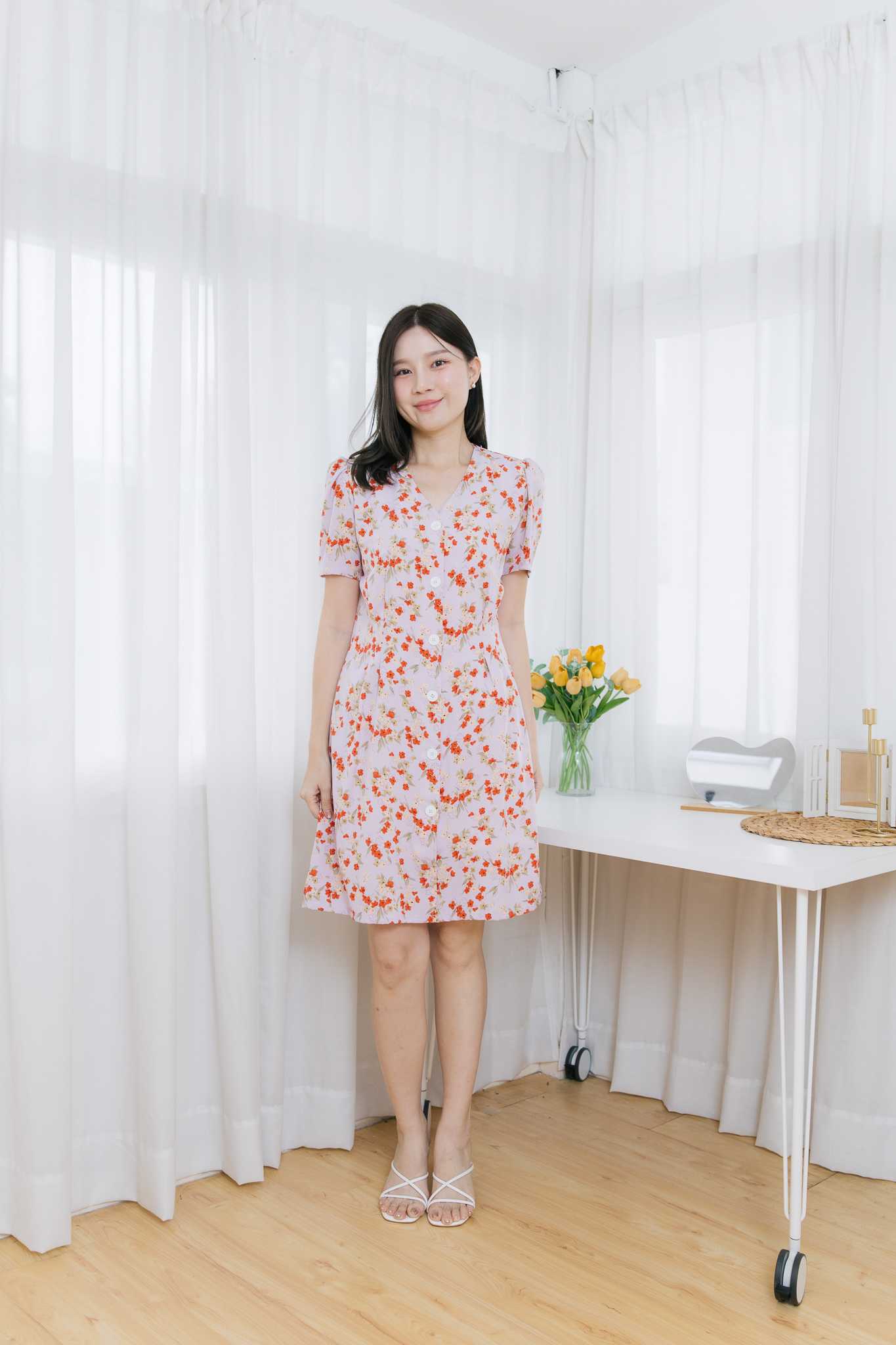 ชุดให้นม Purple  floral snowwhite dress