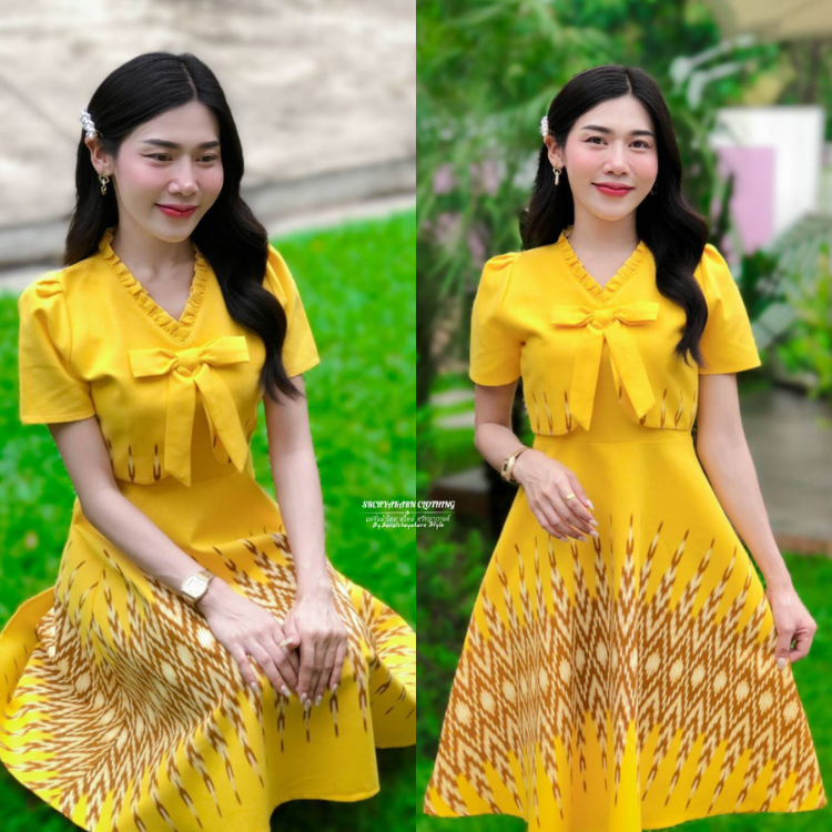 ชุดเดรสผ้าฝ้ายพิมพ์ลาย สีเหลือง แต่งกั๊กคอระบาย กระโปรงย้วย งานซิปด้านหลัง ผ้าเกรดดี สีไม่ตก
