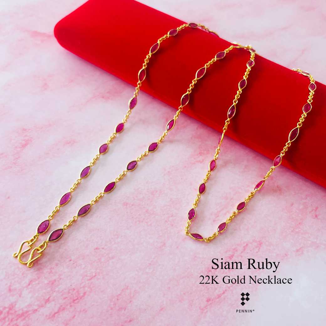 สร้อยคอทองคำแท้ผ่าหวาย ทับทิมสยามรูปมาคี 7x3mm งานขึ้นมือทอง 90 นน.เกือบ 3 สลึง ยาว 25 นิ้ว