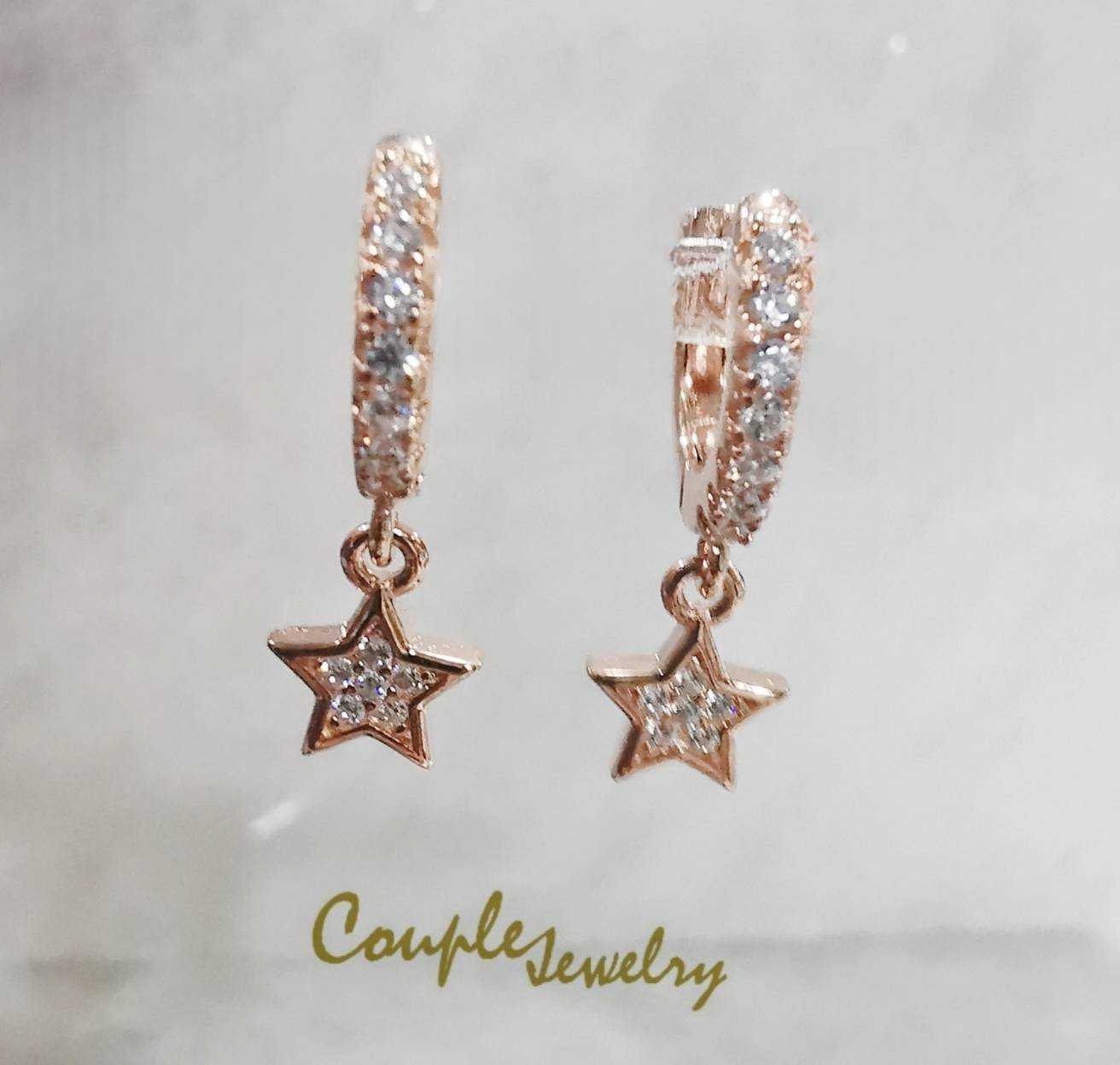 Couple jewelry ต่างหูเงินแท้925 ชุบPinkGold ทรงห่วง  ห้อยดาว ฝังเพชรคิวบิกเซอร์โคเนีย