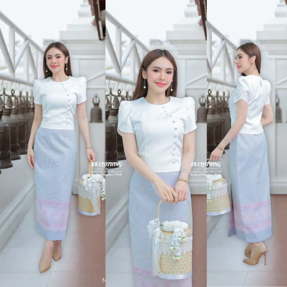 ชุดผ้าไทย ใส่ไปวัดทำบุญ งาน Set เสื้อไหมญี่ปุ่น แขนกลีบบัว ผ้าถุงงานป้ายสำเร็จ ซิปหลัง อัดกาว