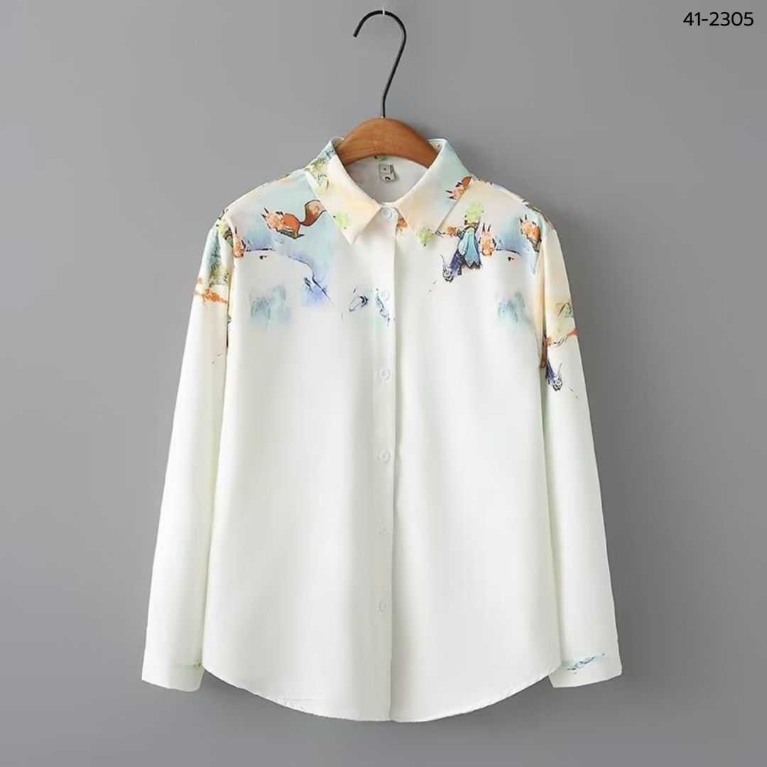 41-2305 เสื้อเชิ้ตสีขาว พิมพ์ลายจิ้งจอก
