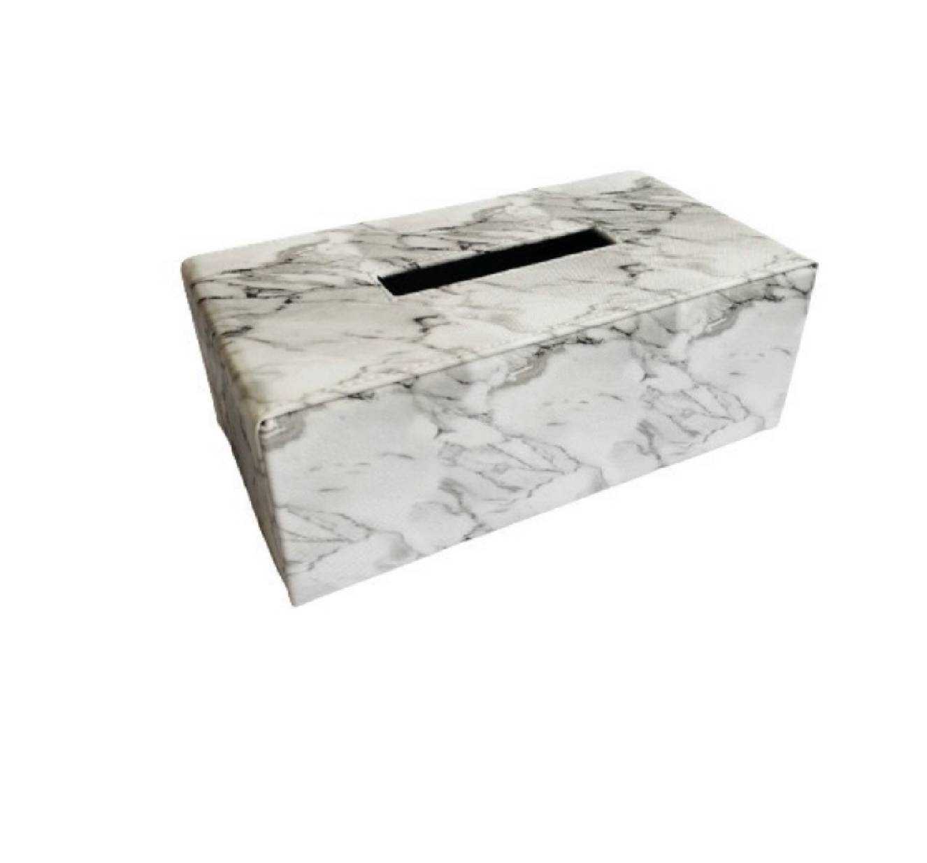 Tissue Box, Foldable, White Marble Pattern PU, White