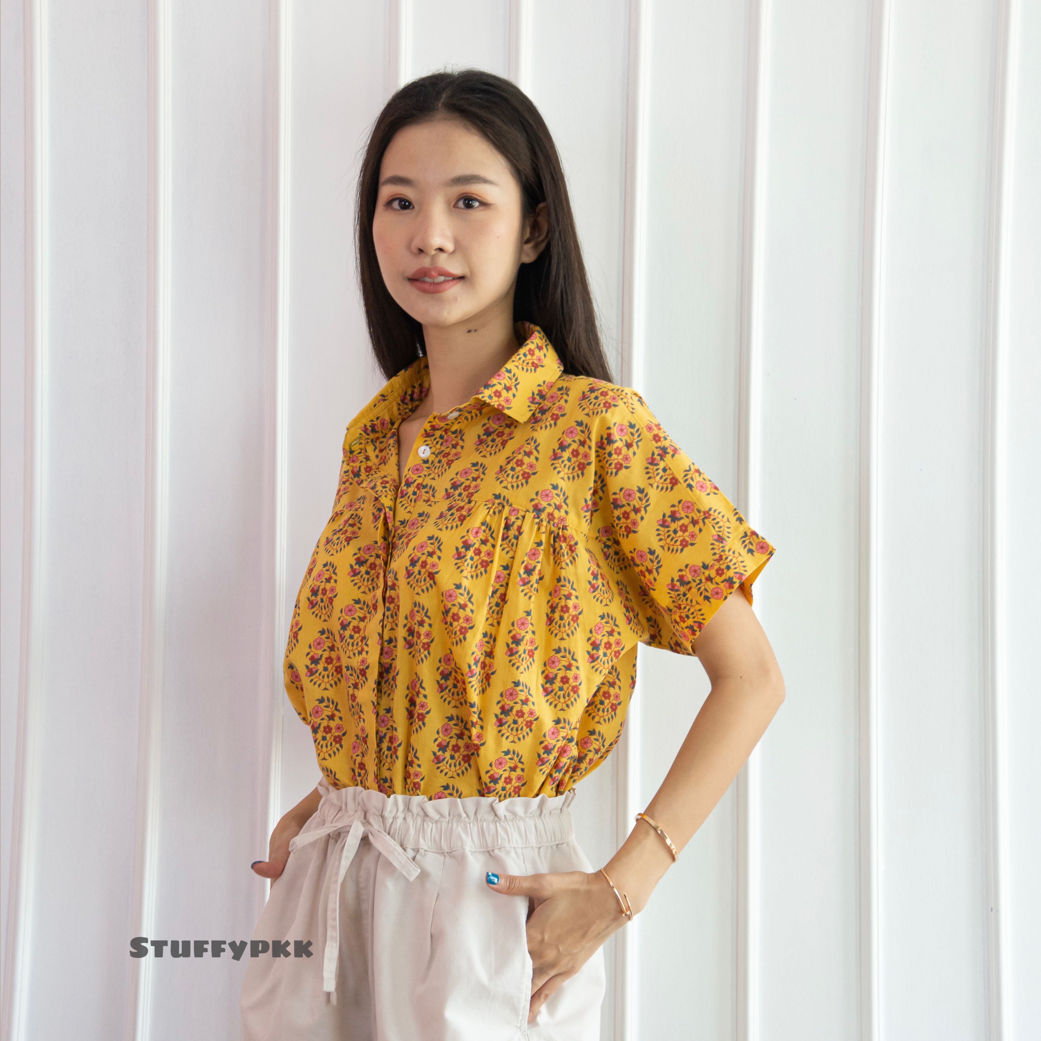 𝐂𝐨𝐬𝐦𝐨 𝐬𝐡𝐢𝐫𝐭 สีเหลืองมัสตาร์ดดอกชมพู🧡