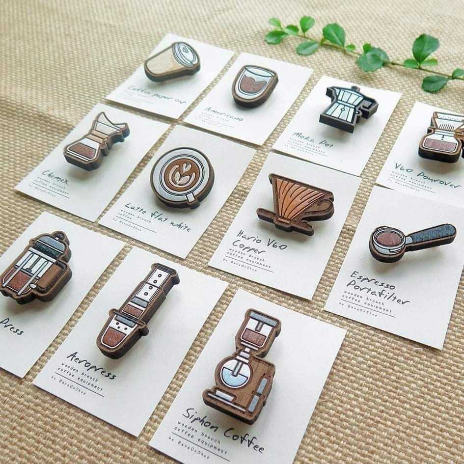 Wooden brooch coffee equipment collection