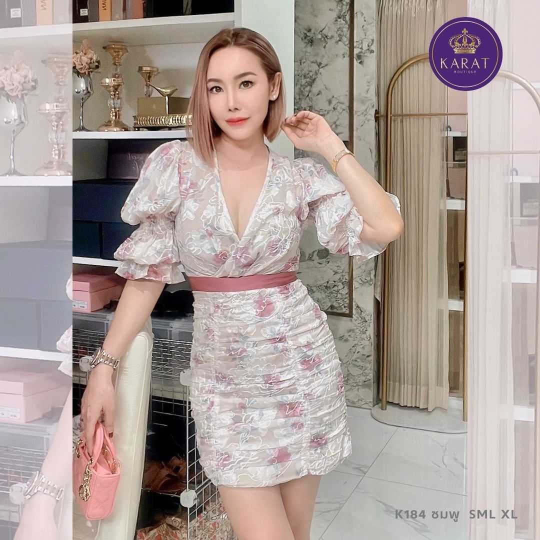 K184 Dressคอวีแขนตุ๊กตากระโปรงจับย่นลายดอก (ชมพู)