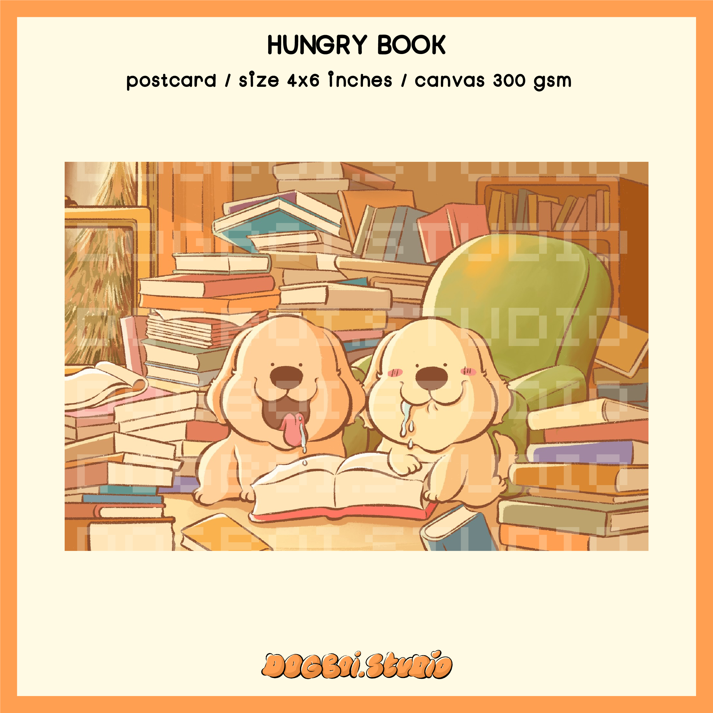 DOGBOI postcard📖hungry book โปสการ์ดโกลเด้นหิวหนังสือ พิมพ์ลงกระดาษแคนวาส
