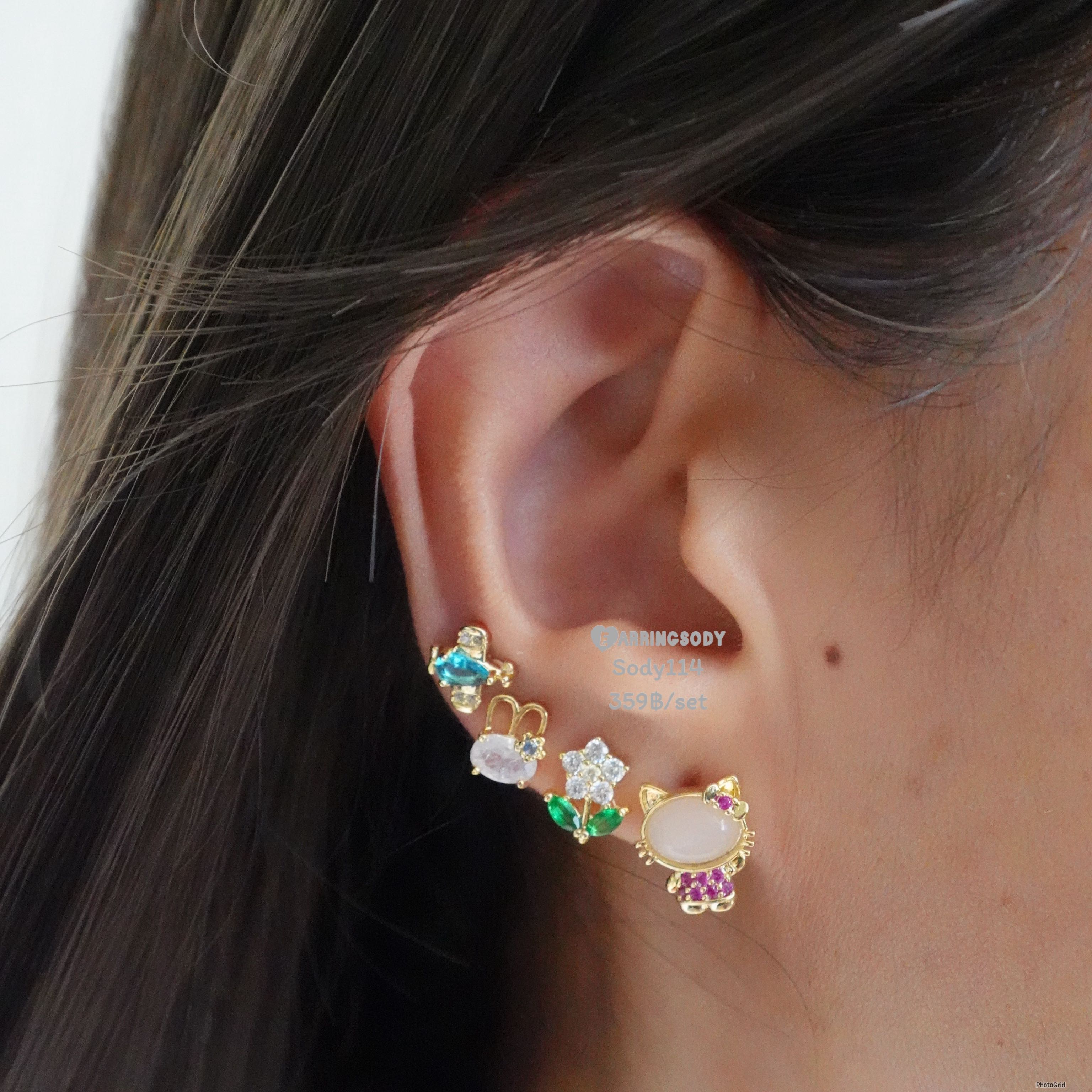 Sody114Fairytales collection ต่างหูเซตคิตตี้และเพื่อนๆ5ชิ้นต่างหูเงิน925ชุบทอง18k ต่างหูน่ารักลายการ