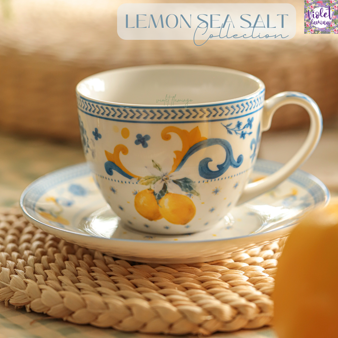 Lemon Sea Salt Tea Cup and Saucer แก้วชาพร้อมจานรองลายเลมอนสีเหลืองและฟ้า เข้าไมโครเวฟได้
