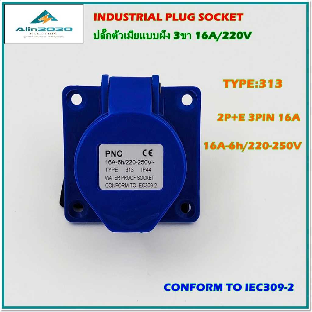 TYPE:313 INDUSTRIAL PLUG SOCKET ,POWER PLUG,เพาเวอร์ปลั๊กตัวเมียแบบฝังหน้าตรง 2P+E 16A 220V IP44