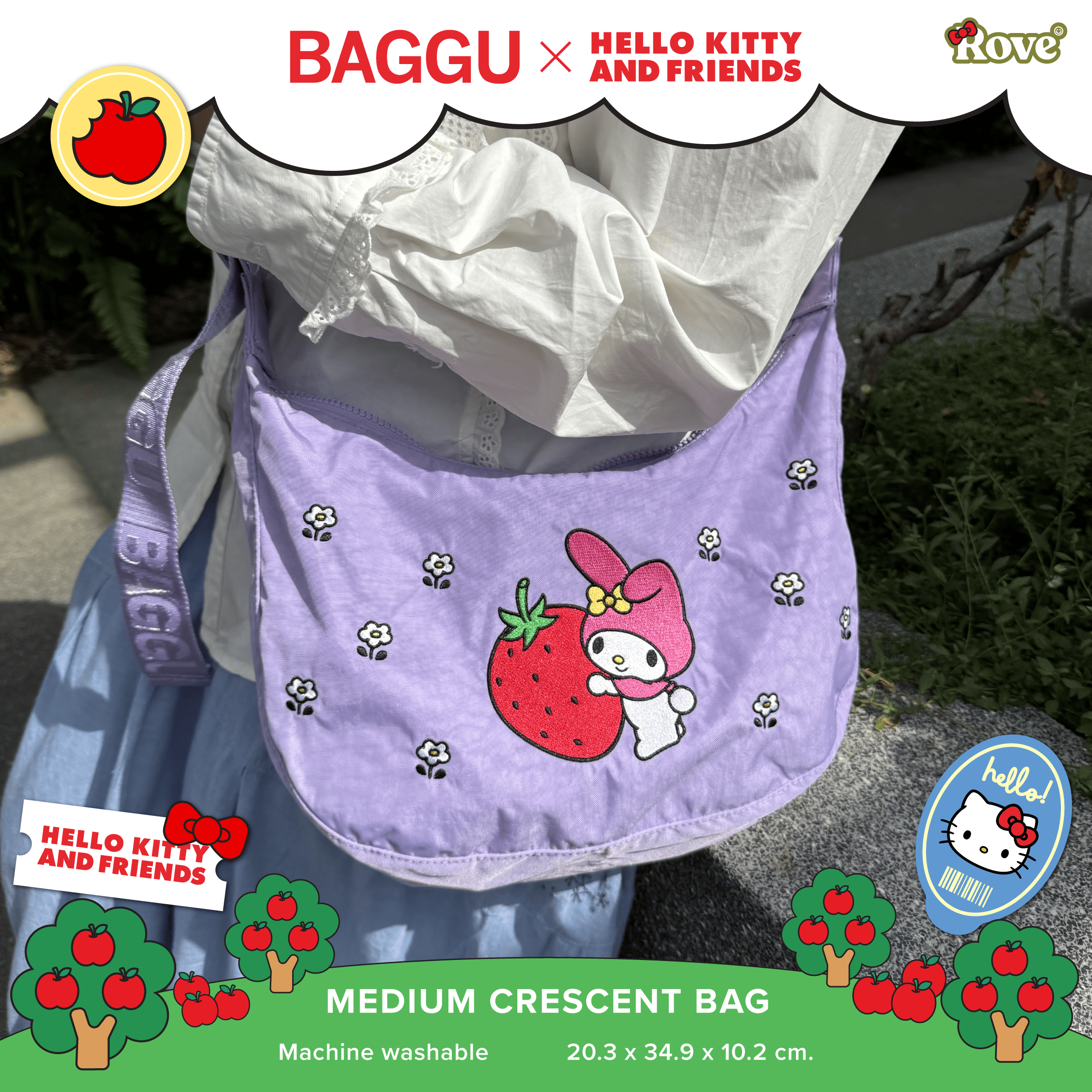 BAGGU Medium Crescent Bag - Embroidered My Melody Strawberry