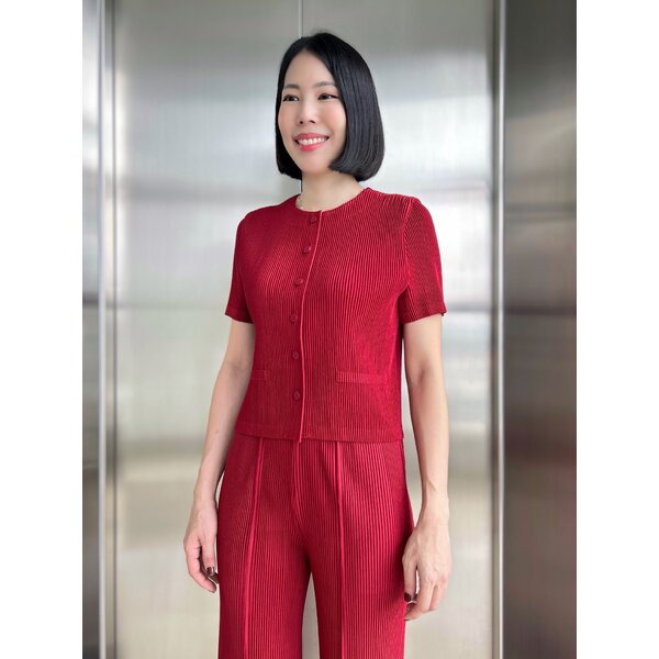 2MUAY GJO11052 เสื้อพลีทคุณภาพ THICK SHORT SLEEVE BUTTON FRONT PLEATED TOP 10 สี FREE SIZE
