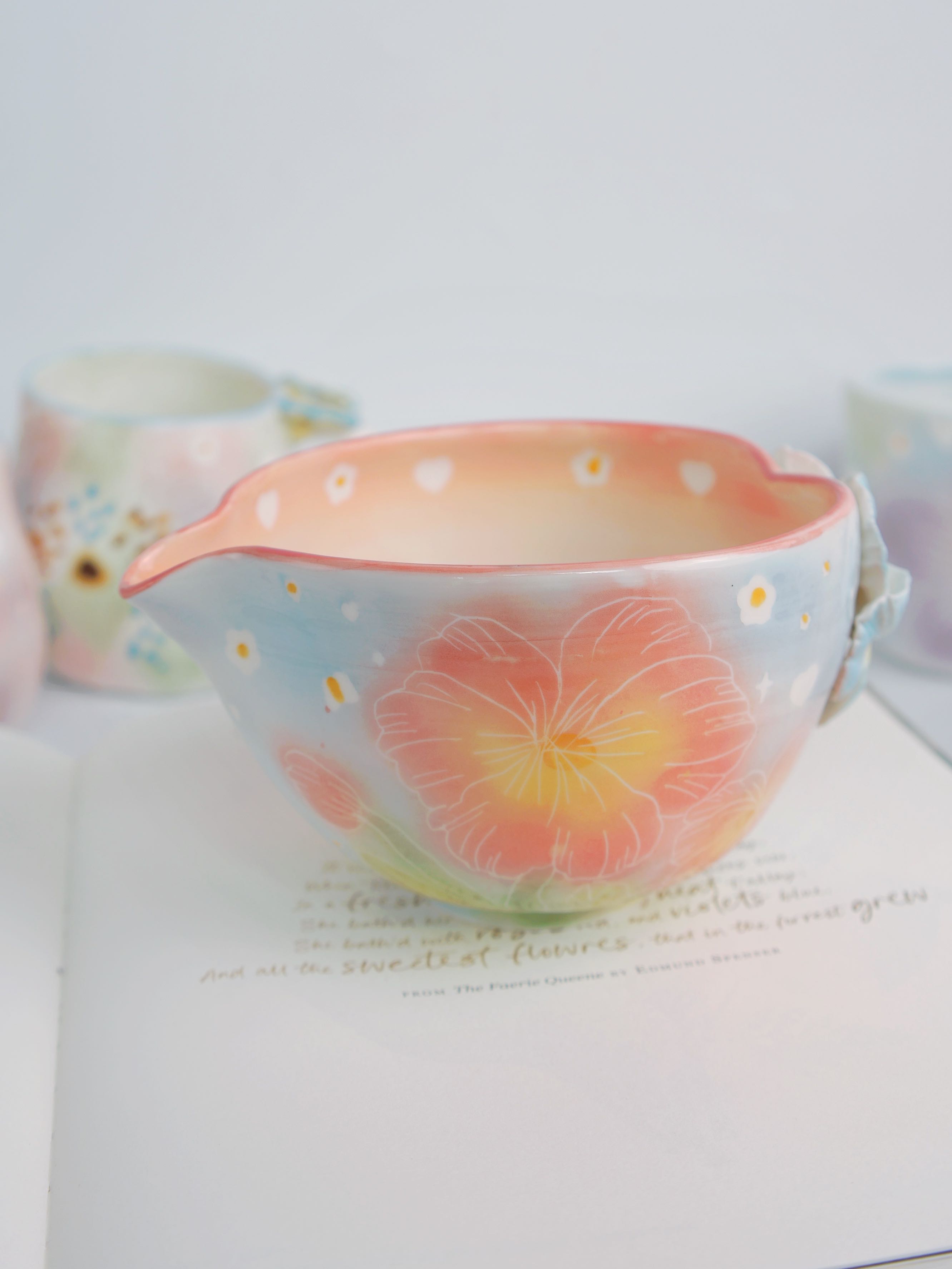 blue sky pansy matcha bowl