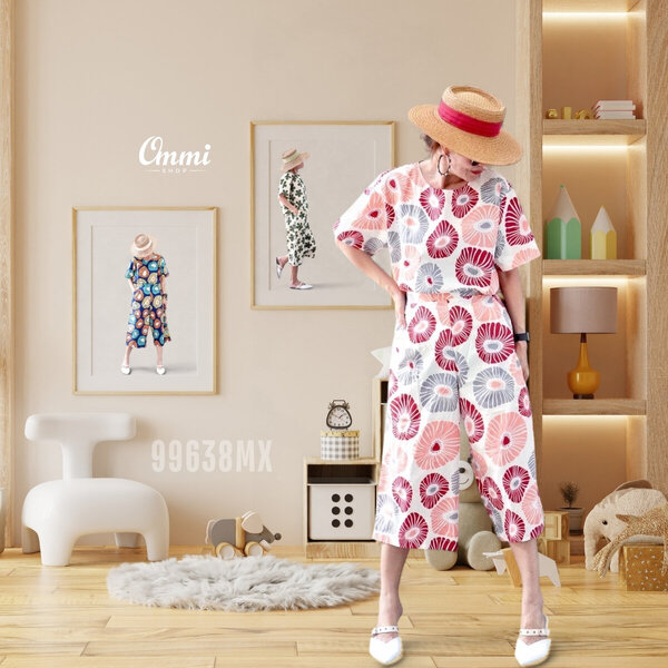 Ommishop 99638MX ชุดเซ็ท เสื้อคอกลมแขนสั้น และกางเกงขากระบอก 9 ส่วน ลายหลากหลาย Cotton Japan 100%...