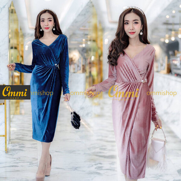 Ommishop ชุดราตรีสั้น 1955KS แต่งอะไหล่เอว กำมะหยี่เนื้อร่อง เดรสสั้น เดรสออกงาน ชุดงานแต่ง เพื่อ...