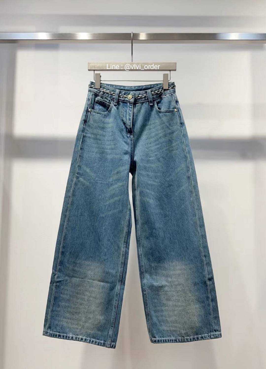 Chanel SS25 Wide-Leg Denim Pants with Chain Detail