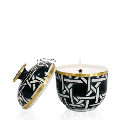 Ceramic Candle Tuay Size L Kheng Dum Pattern เทียนหอมในเซรามิกรูปทรงถ้วยลายเข่งดำ ขนาด L
