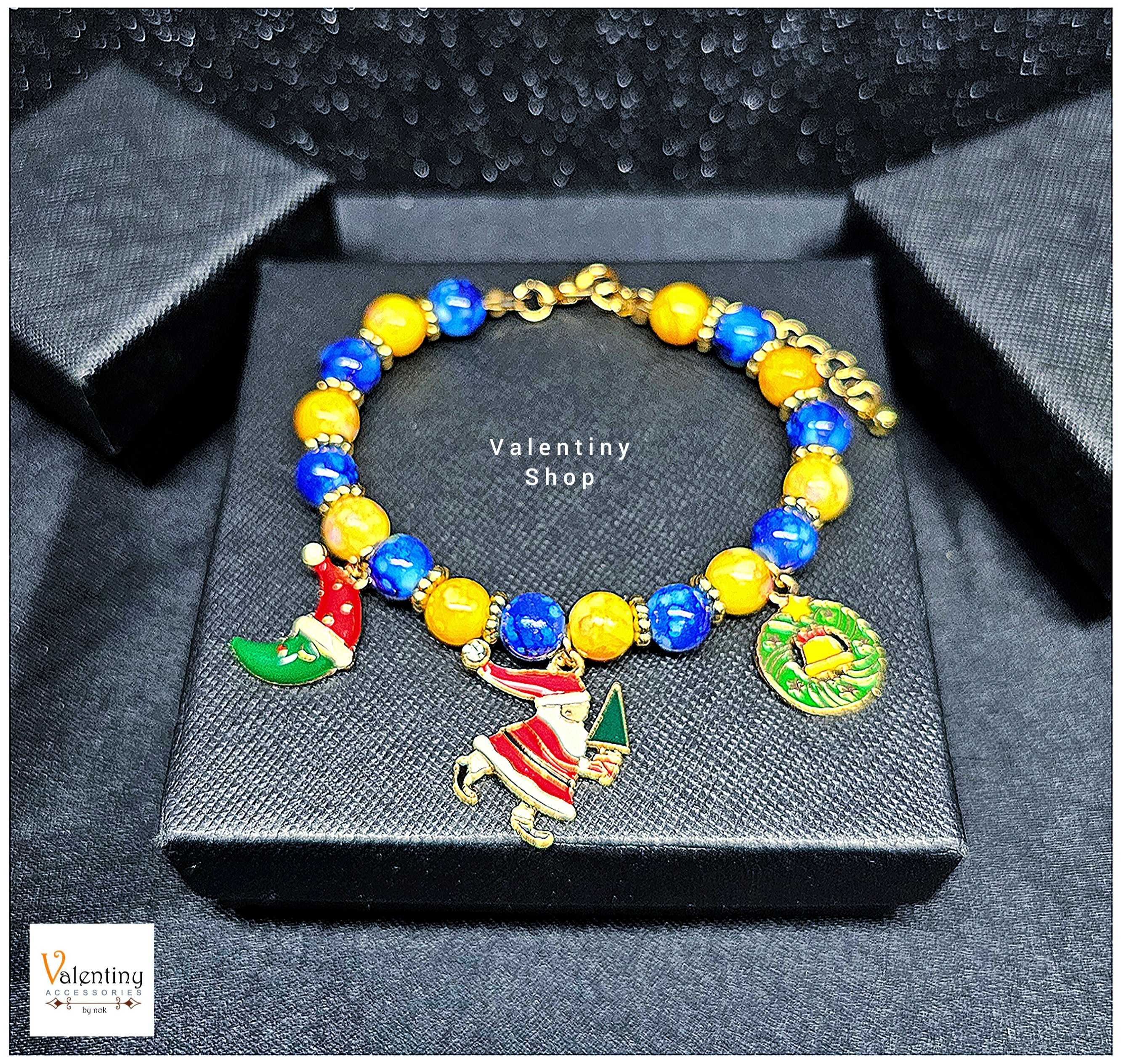 ERN098 สร้อยข้อมือ คอลเล็กชั่นคริสต์มาส งานสร้อยข้อมือลูกปัดสีฟ้าเหลือห้อยจี้ซานต้าน่ารักตัวเรือนสีท