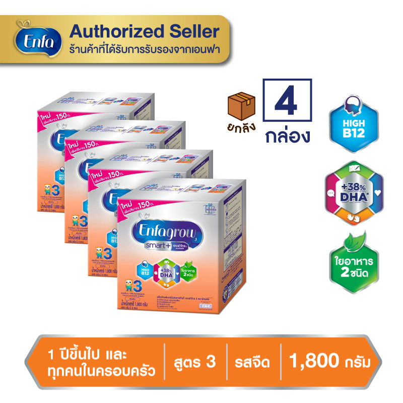 (ยกลัง 4 กล่อง) นม เอนฟาโกร สมาร์ทพลัส สูตร3 (1800 กรัม) รสจืด Enfagrow Smart+3 (1800g) Plain Flavor