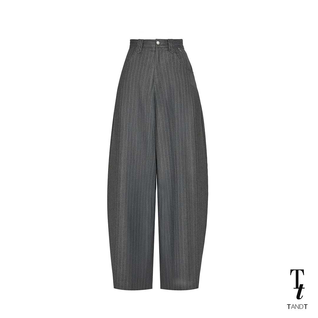 TandT - WALTZ GREY PANTS - BOW SHAPED SEAM POCKET STRIPED BARREL PANTS