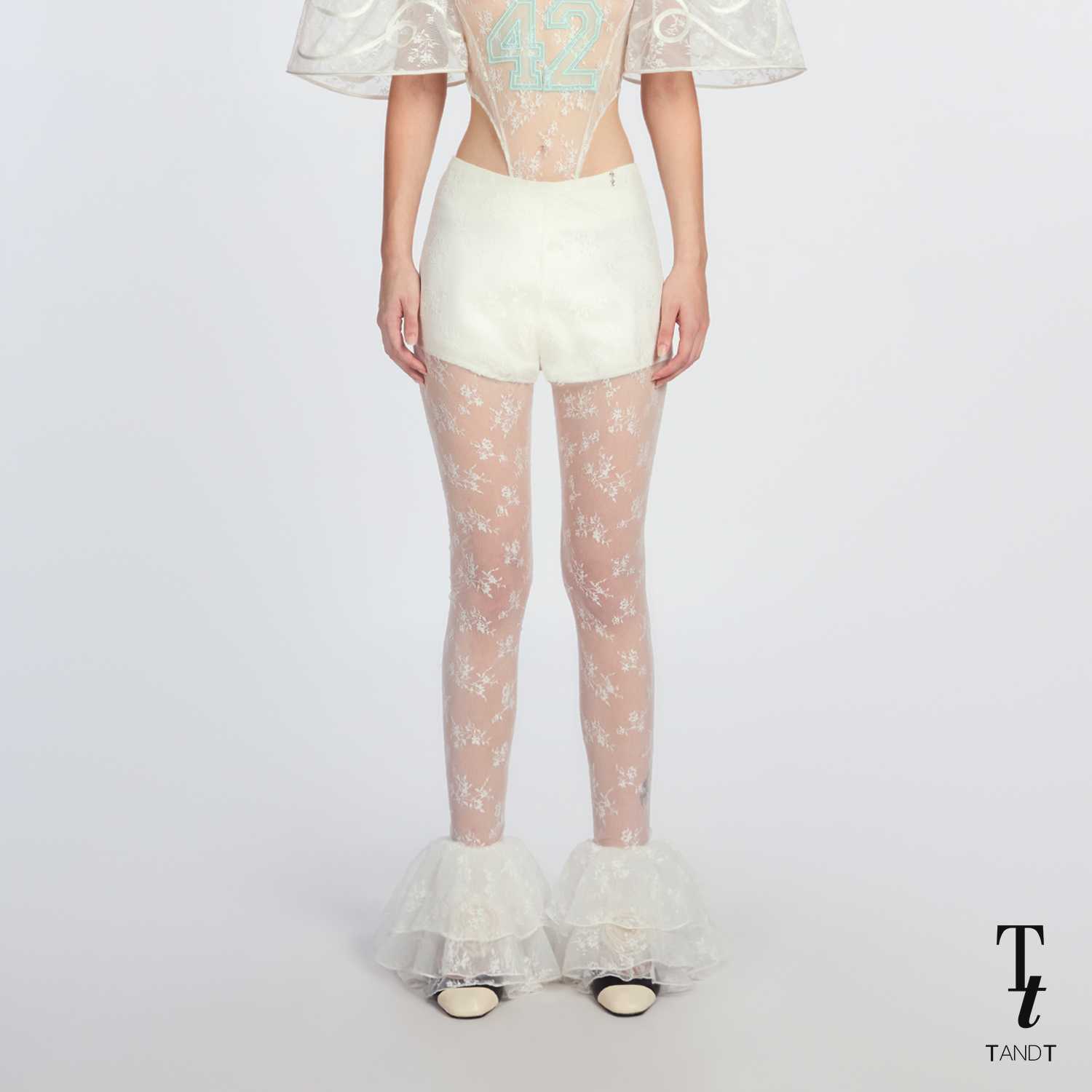 TandT - POM POM PANTS - RUFFLE AROUND HEM SKINNY LACE PANTS