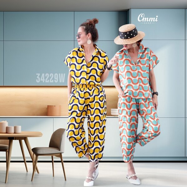 Ommishop 34229W ชุดเซ็ท เสื้อคอปก และกางเกงขาจีบ ลายคลื่น Cotton Japan 100% (Bonus)[34229]