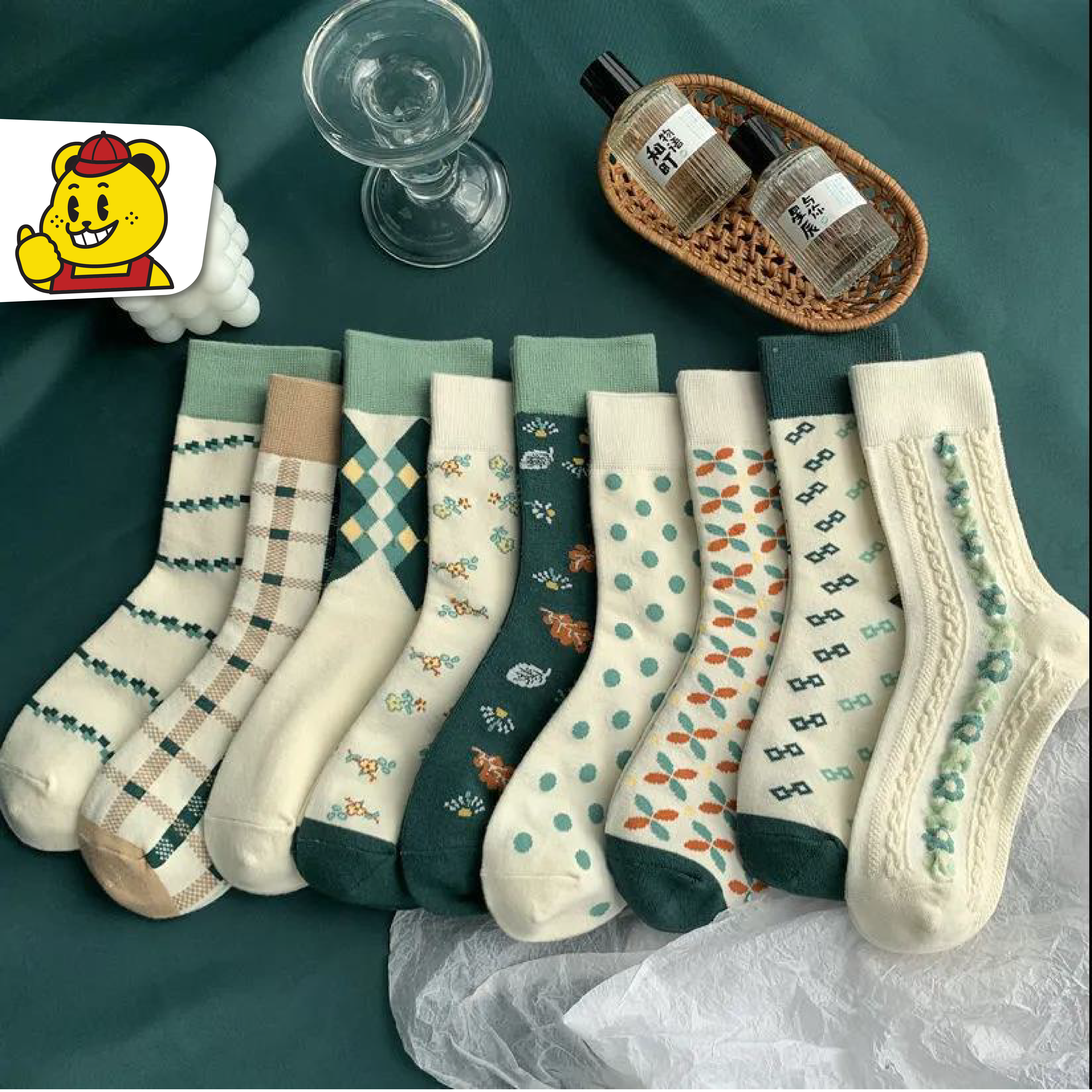 BIGGIANT Socks ถุงเท้ายาว ลายดอกไม้ สไตล์ญี่ปุ่น (N-1449)