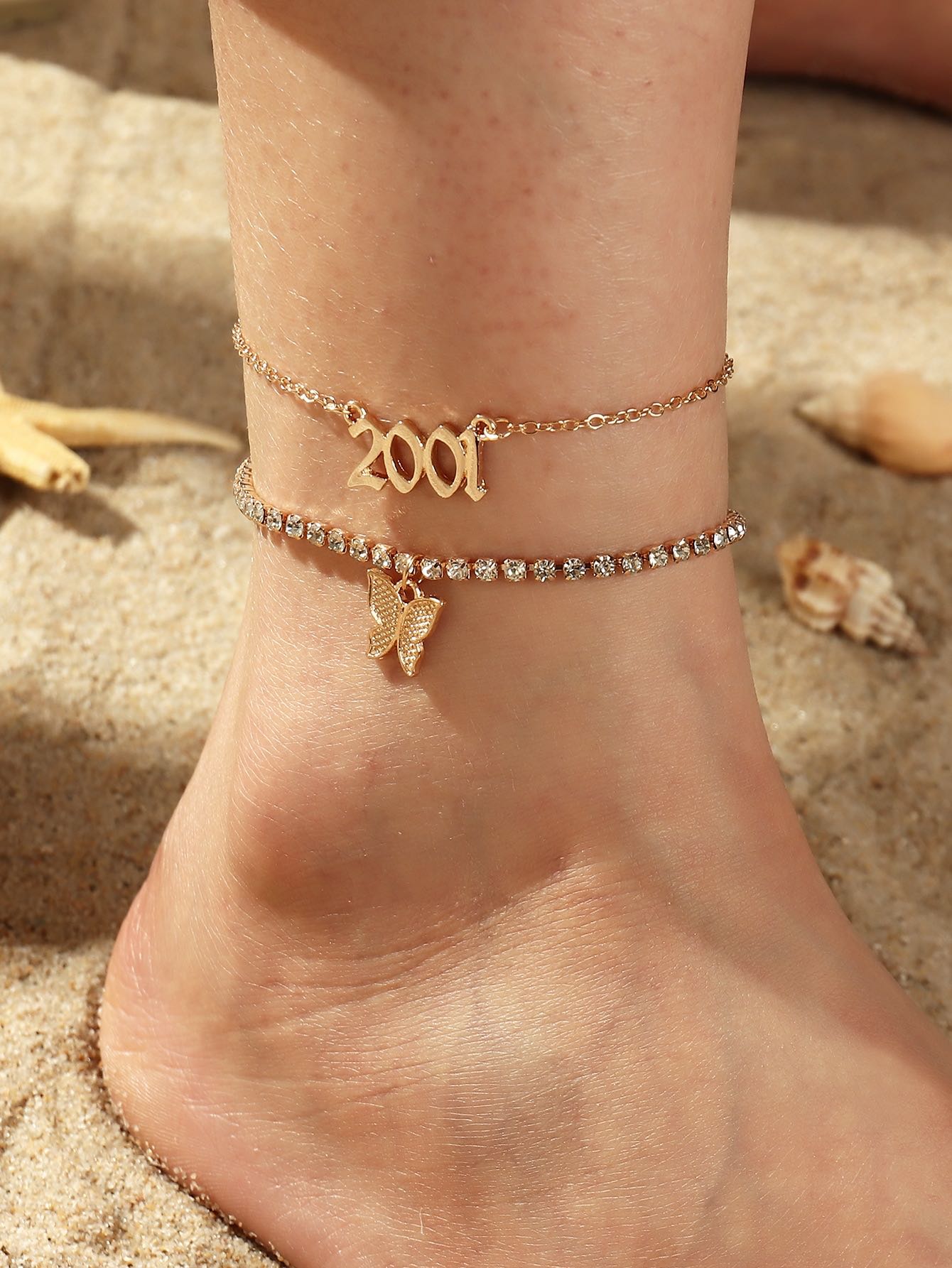 2pcs 2001 and butterfly  rhinestone anklet