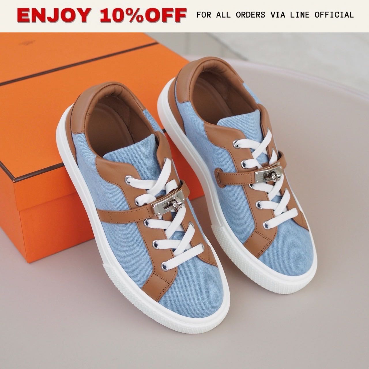 NEW! HERMES Day Sneakers สี Bleu Clair/Gold | Shoes