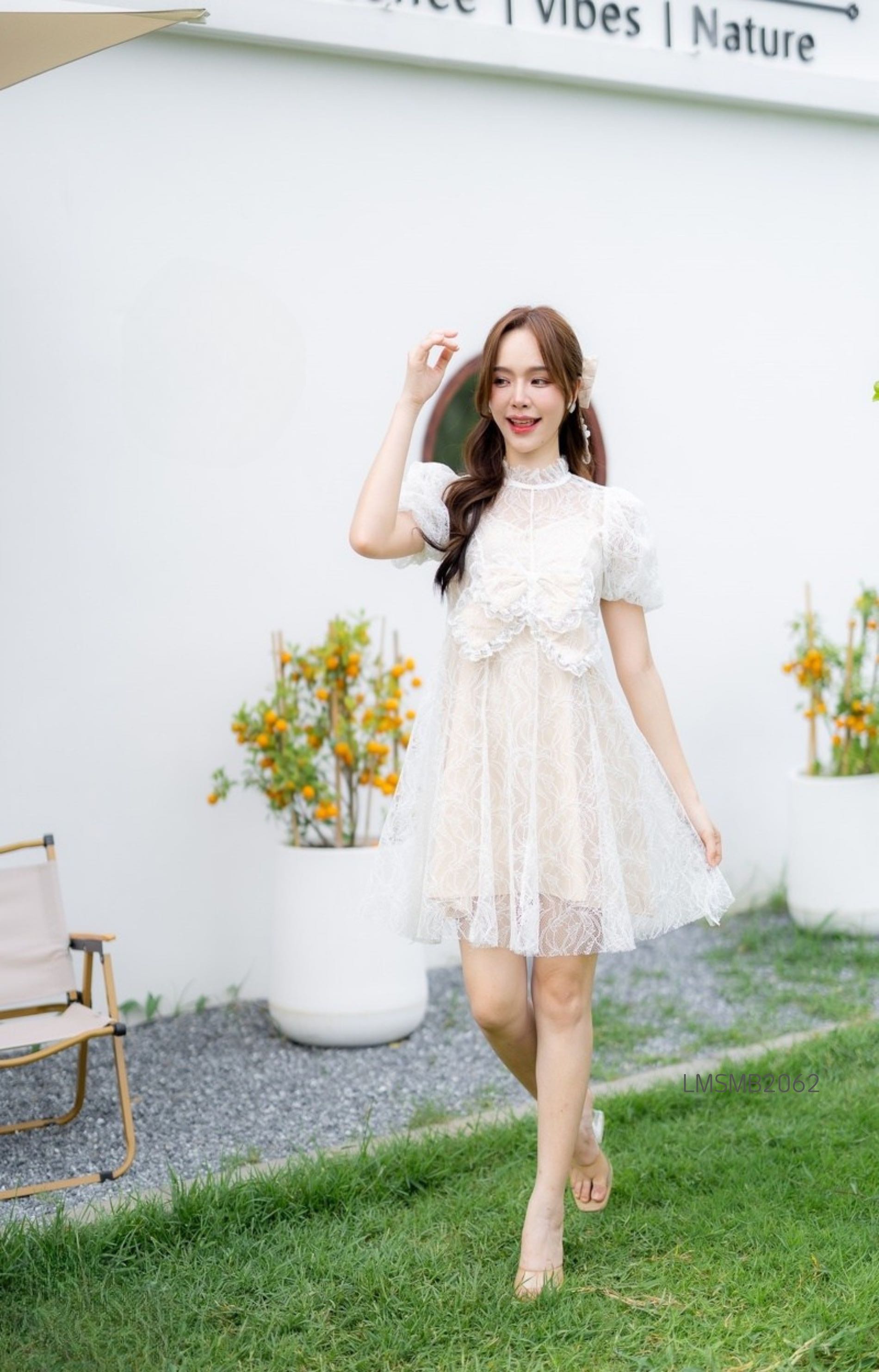 S-XL เดรสลูกไม้สั้นแต่งโบว์ LMSMB2062