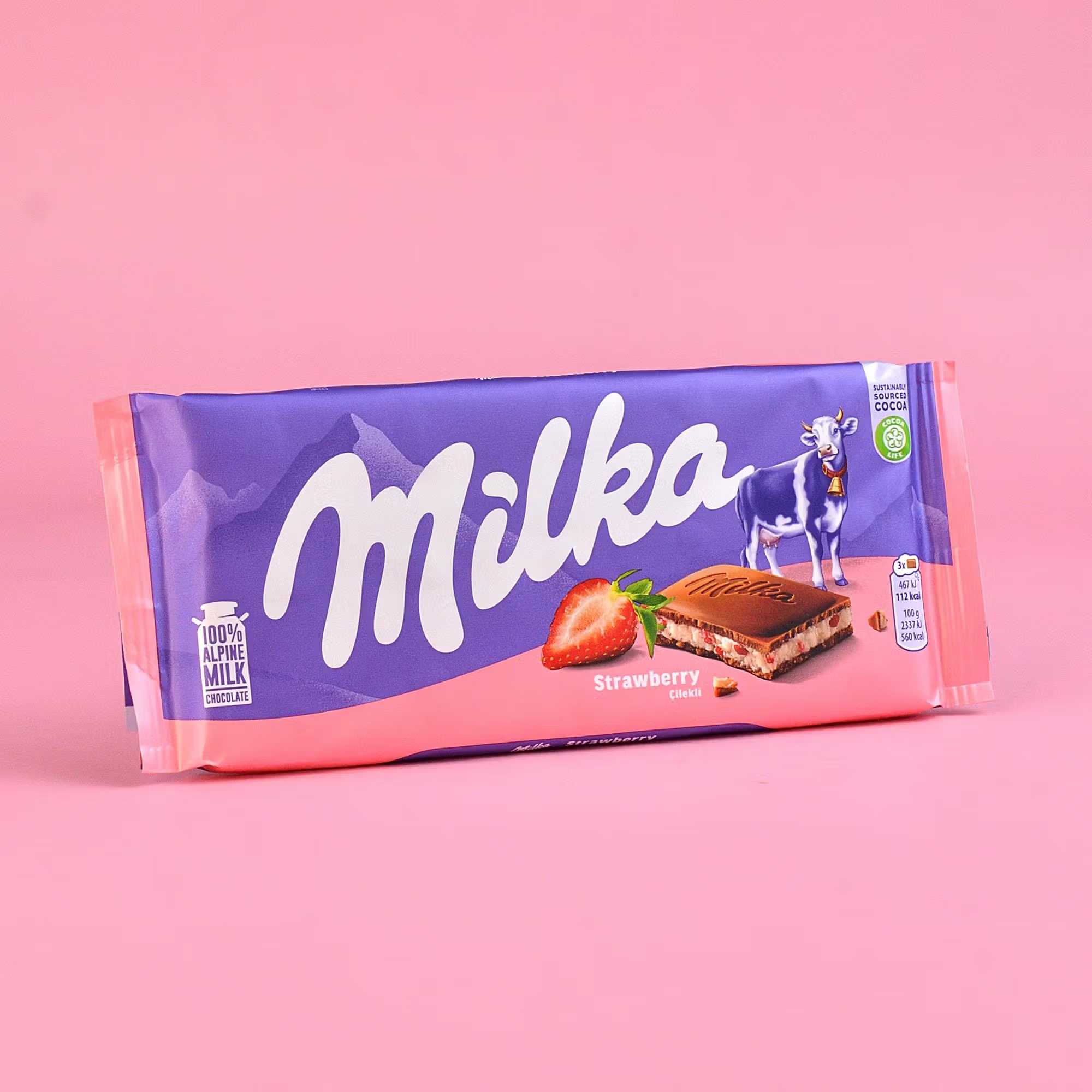 Milka Chocolate Bar Strawberry น้ำหนัก 100 กรัม BBF.08/01/27
