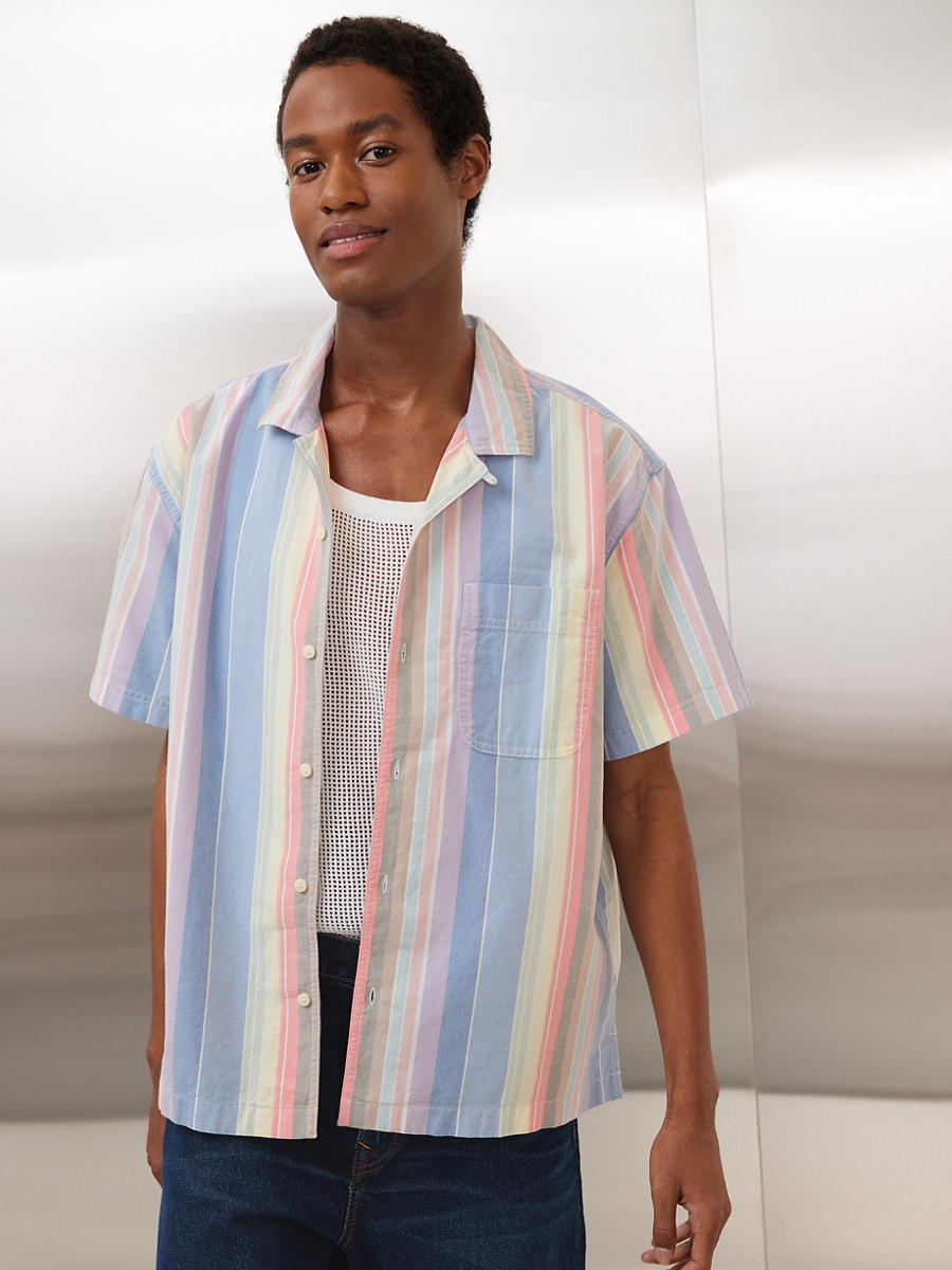 เสื้อเชิ้ต ผู้ชาย KATHY STRIPE SS OVERSIZED CAMP COLLAR PRIDE OXFORD SHIRT ( 015-6307-900 )