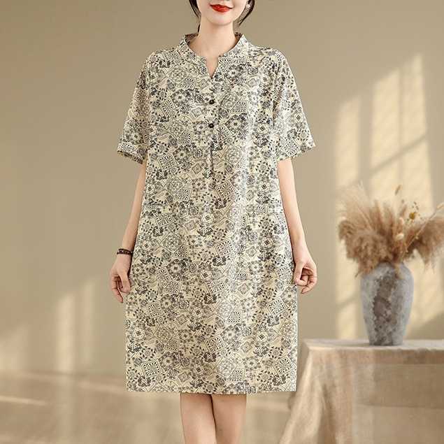 (ไซส์ใหญ่) เดรสลายกราฟฟิกทรงใหญ่แบบสวยเก๋น่าใส่มากๆ ผ้าคอตตอนผสม ผ้าดีใส่สบาย - สีครีม