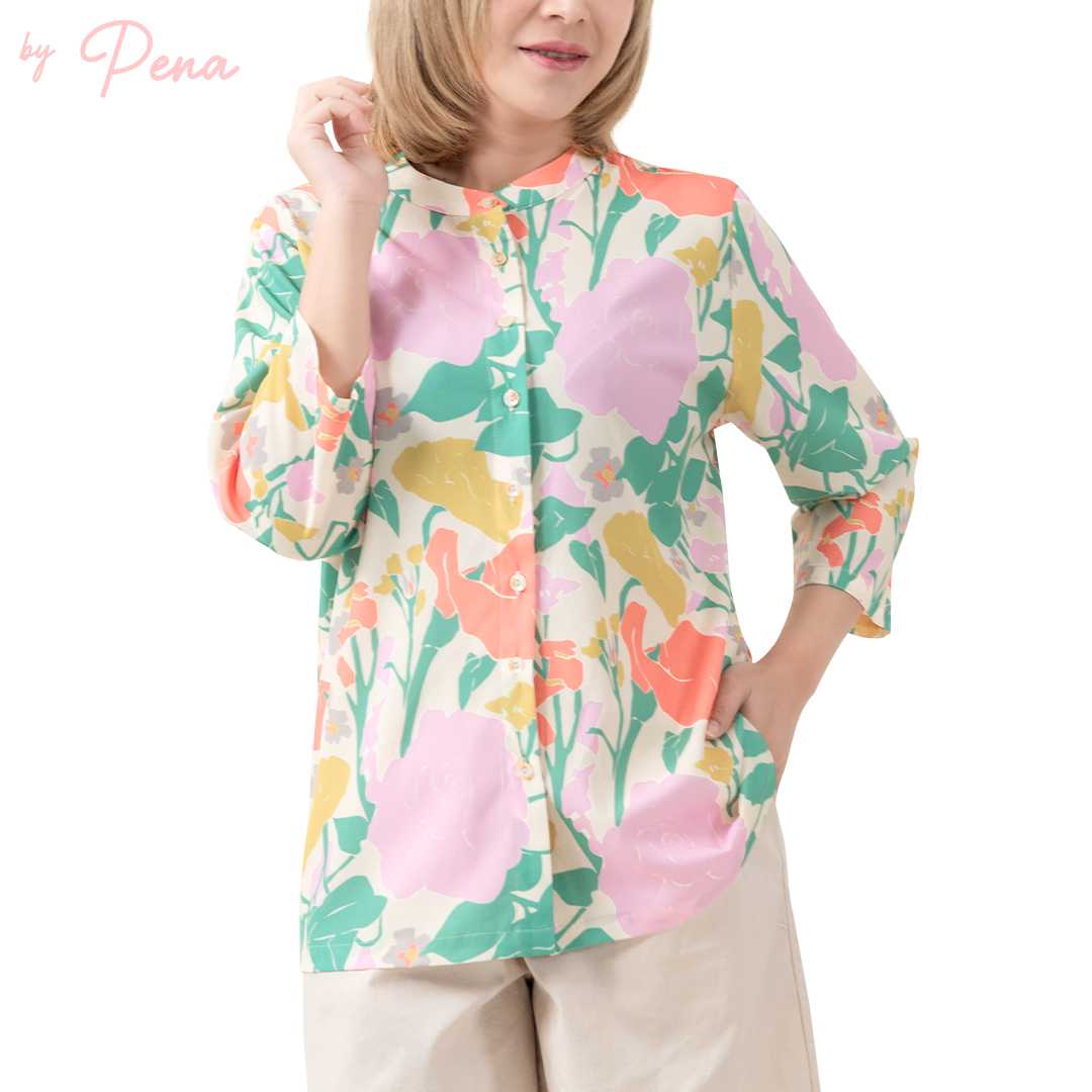 By Pena เสื้อเบลาส์ แขนสามส่วน คอกลม สำหรับผู้หญิง BPSL122401