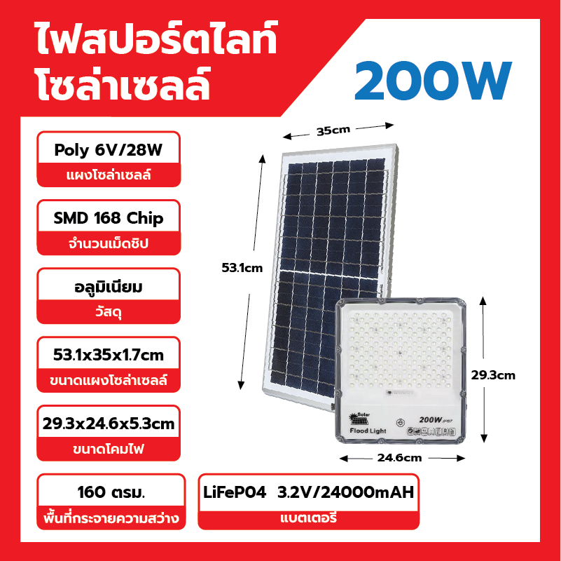 โคมไฟสปอร์ตไลท์โซล่าเซลล์ LED ขนาด 200W เลนส์ COB เพิ่มวงกว้างของแสง 2เท่า พุ่งไกล สว่างทั้งคืน