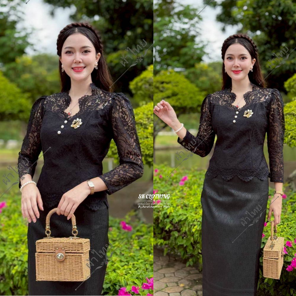 เสื้อลูกไม้ ใส่ไปวัดทำบุญ แขนยาว คอวี แต่งกระดุมมุก 3 เม็ด ชายเสื้อแต่งชายผ้าวางลายผ้าสวยมาก