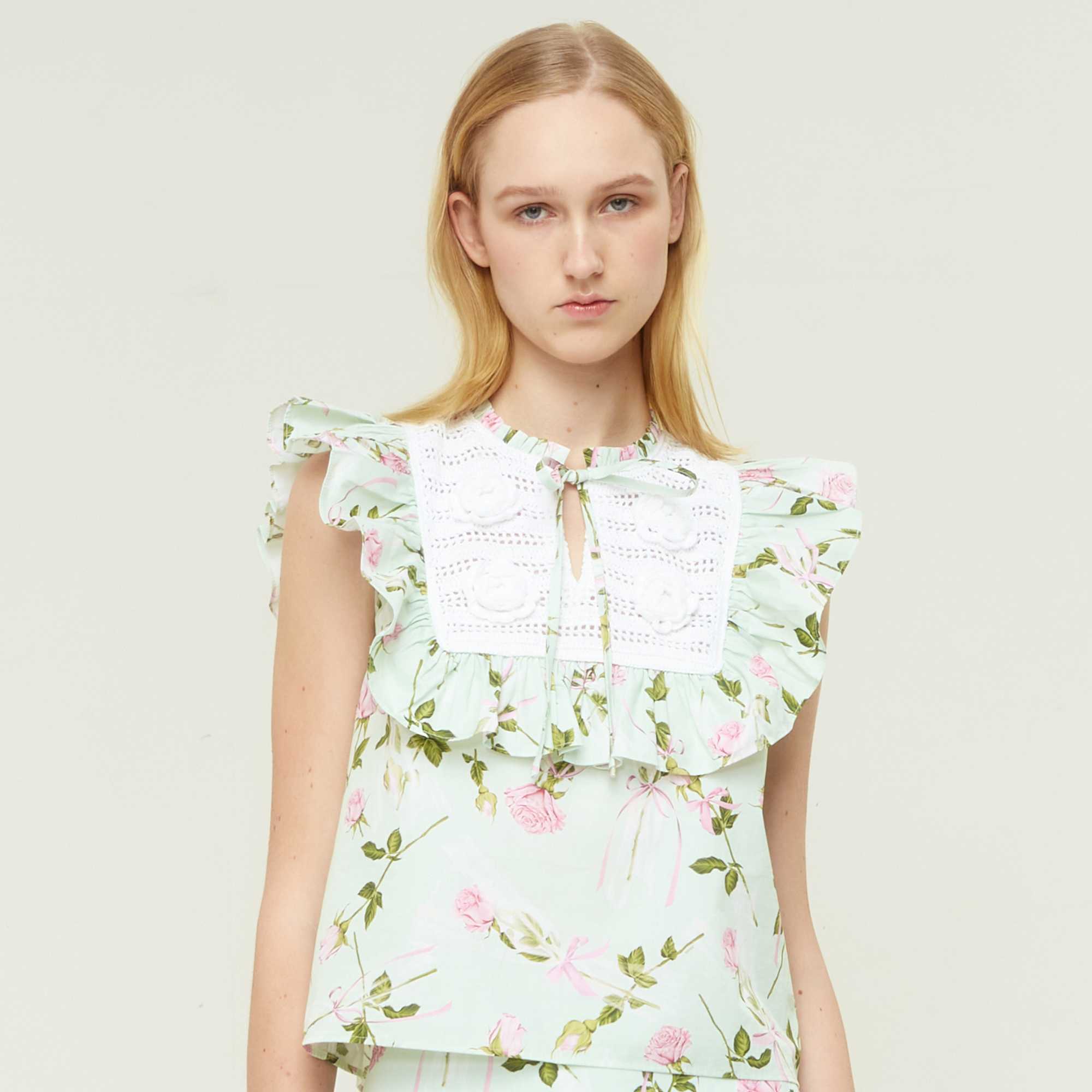 Rose Printed Top with Crochet