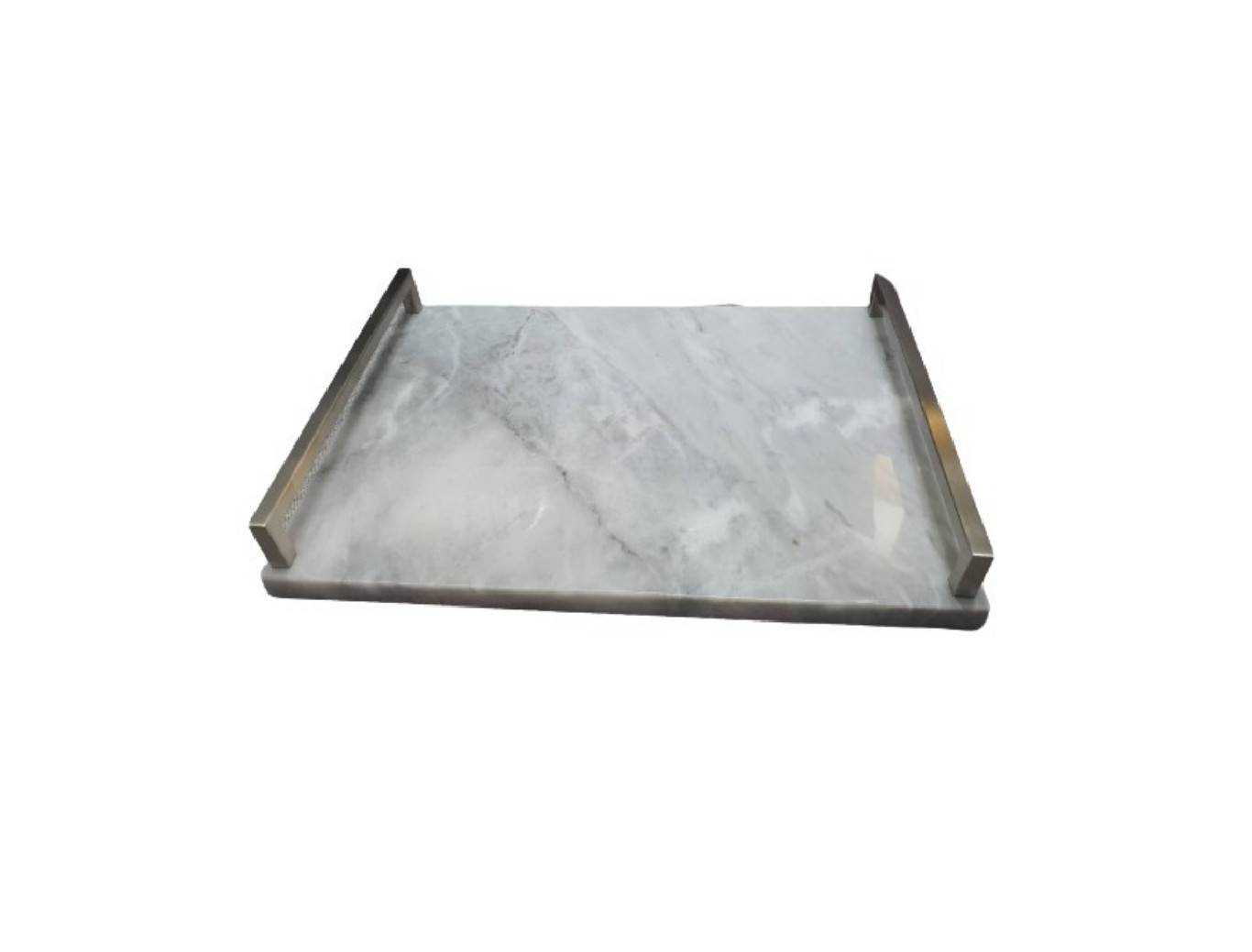 Tray with Stainless Handle, Marble, White, M